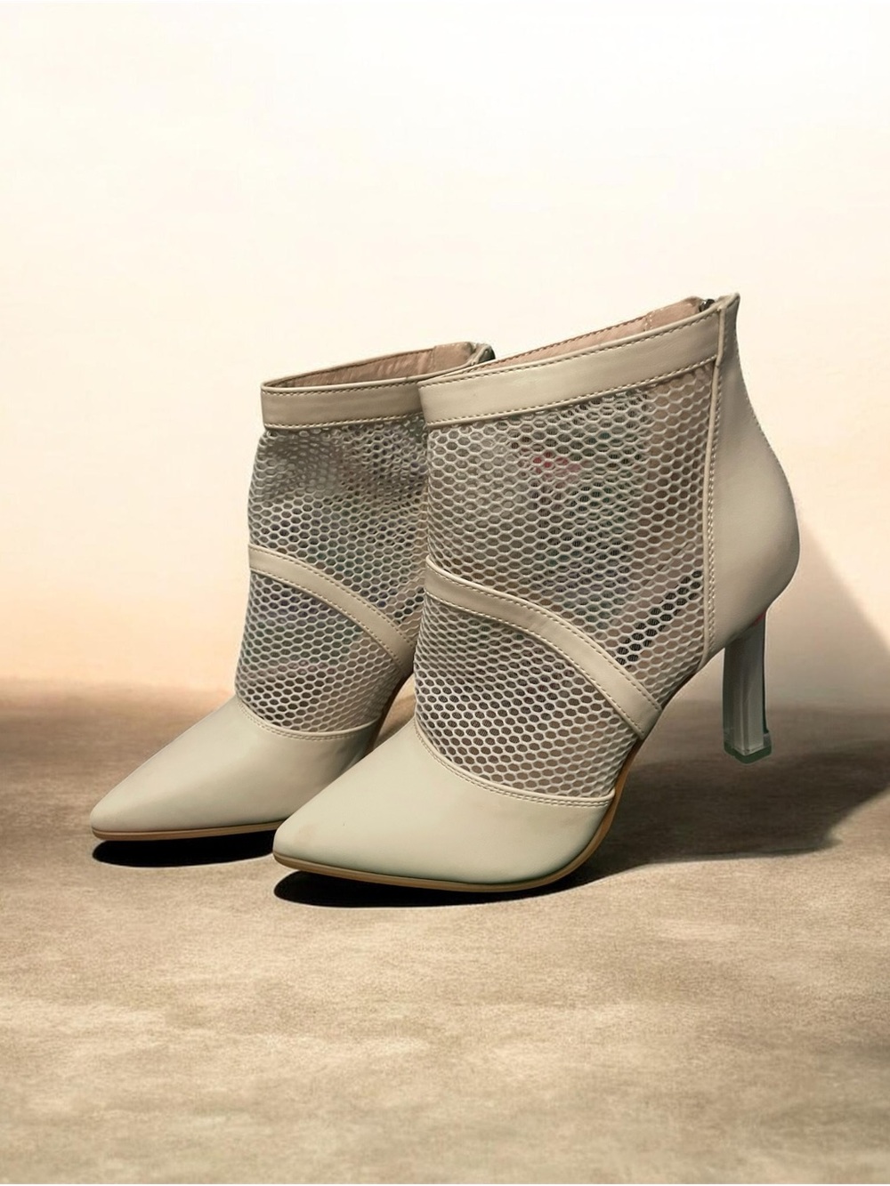 Women's Mesh Pointed-Toe Ankle Boot in Light beige